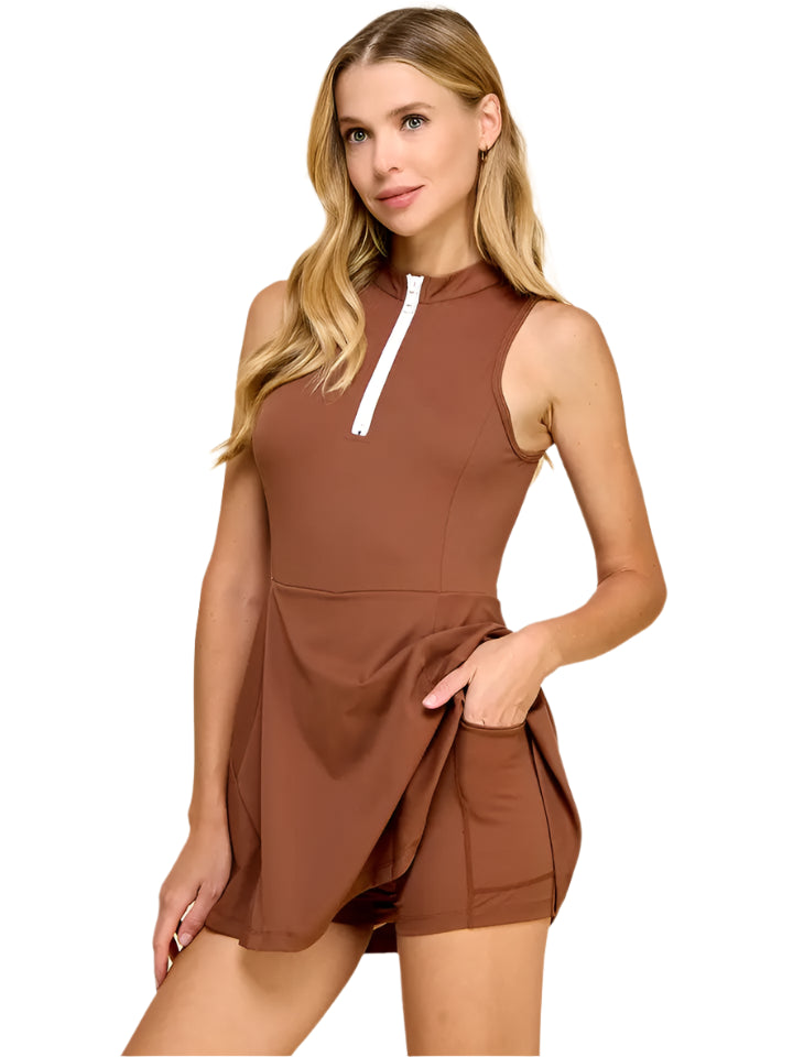 1/4 ZIP ATHLETIC DRESS - CHOCOLATE