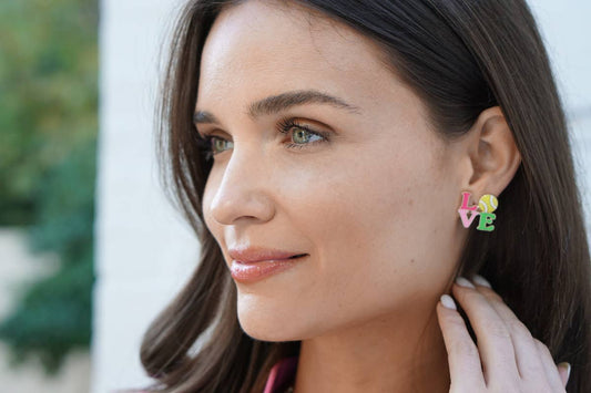 Tennis LOVE Stacked Enamel Stud Earrings in Pink & Green