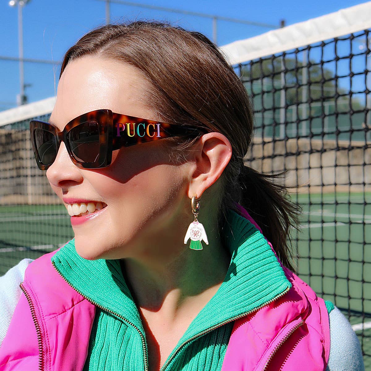 The Hamptons Tennis Club Enamel Drop Hoop Earrings in Green,