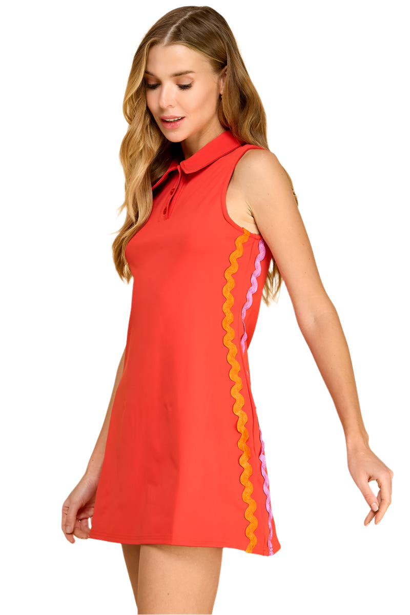 COLLARED RIC RAC DRESS - RED