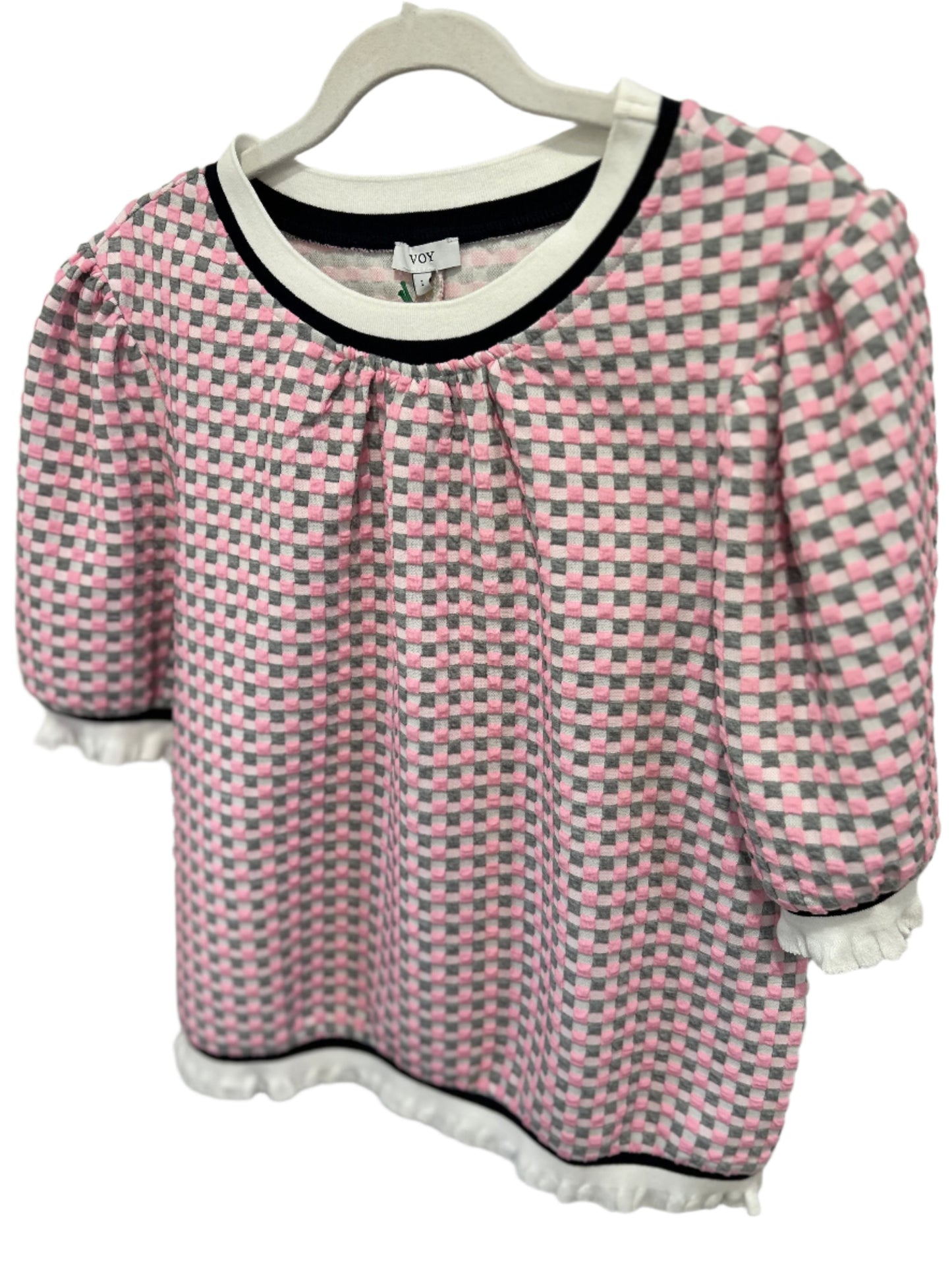 STRIPE BAND GINGHAM TOP LT PINK