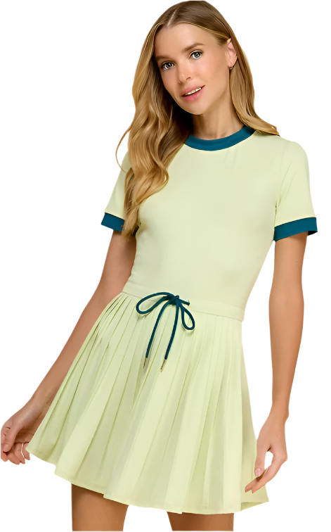 DRAWSTRING PLEATED DRESS - LIME
