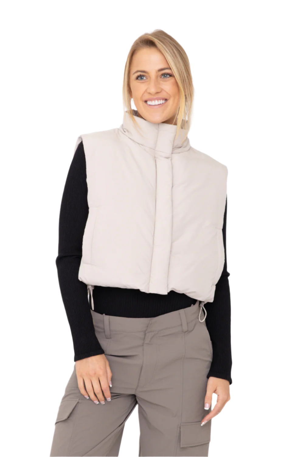 CROPPED HIGH NECK PUFFER VEST - NATURAL