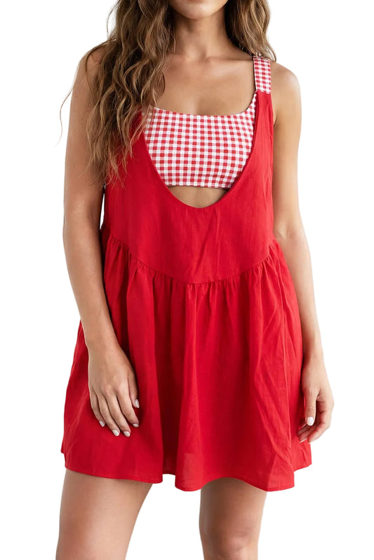 FAUX 2 PC MINI DRESS - RED GINGHAM