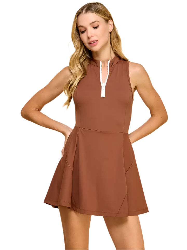 1/4 ZIP ATHLETIC DRESS - CHOCOLATE