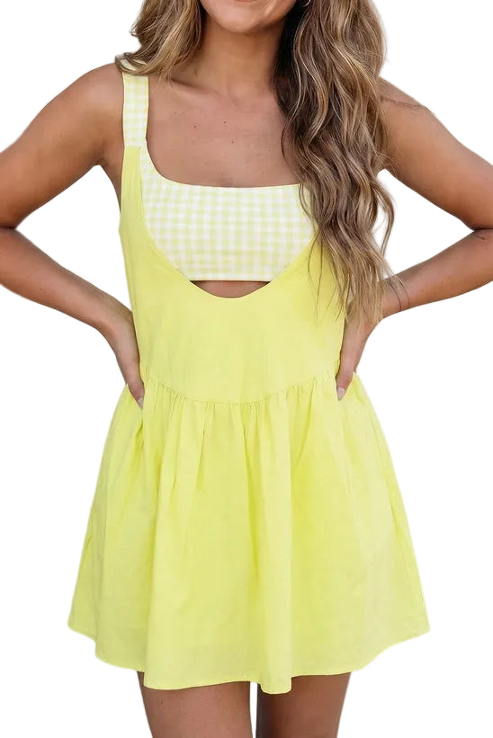 FAUX 2 PC MINI DRESS - YELLOW GINGHAM