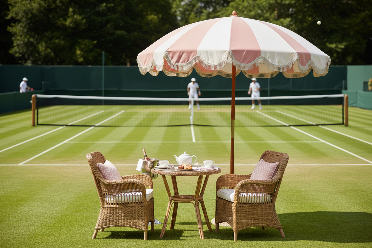 grass tennis court with pink and white stripe fringe umbrella at table 